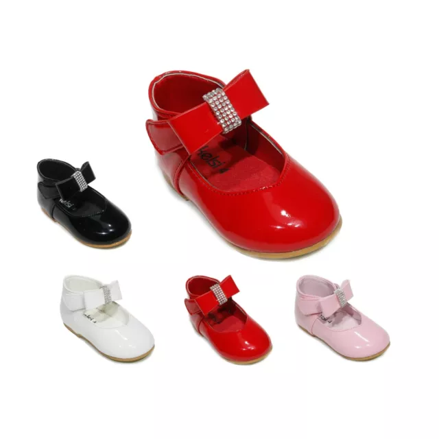 New Kids Infants Girls Bow Diamante Spanish Wedding Party Patent Toddler Shoes