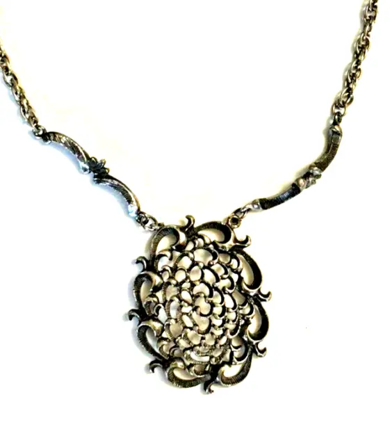 Vintage Medieval Style Pewter Necklace Large 2" Filigree Pendant 17" Chain NICE