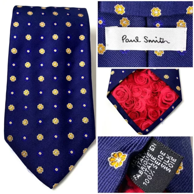 PAUL SMITH Mens Silk Necktie ITALY Luxury Designer FLORAL Blue Yellow EXCELLENT