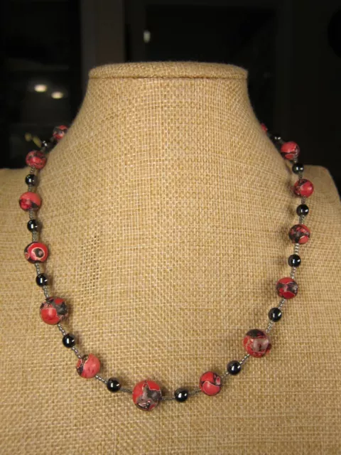 Beautiful black red poppy jasper bead necklace hematite sterling silver 17-19"
