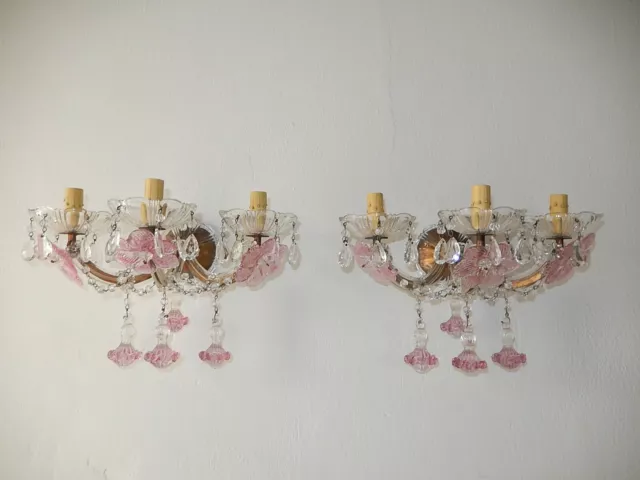 1920 French Pink Fuchsia Murano Flowers & Drops 3 Light RARE Sconces