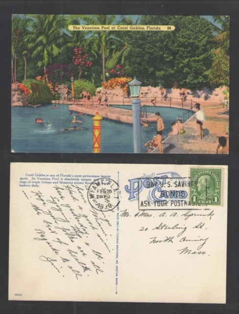 1939 The Venetian Pool At Coral Gables Florida Postcard