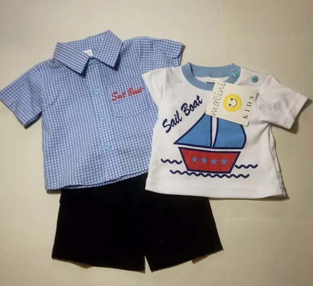 Baby Boy 3 piece set T shirt  shorts shirt Blue/white Boat Spanish style Newborn