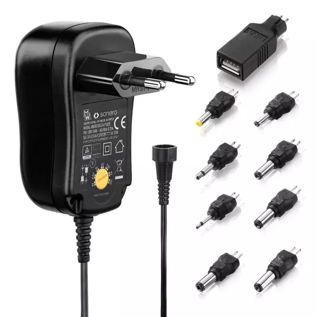 1000mA 12W Universal Netzteil 3V 4,5V 5V 6V 7,5V 9V 12V AC/DC+ 9 Adapter Stecker