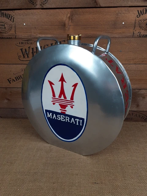 Retro vintage style decorative silver Maserati Oil petrol can Round shaped