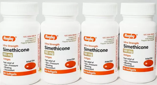 Rugby Simethicone Gas Relief 180mg (Compare to Phazyme) 60ct -4 pack-Exp 06-2026