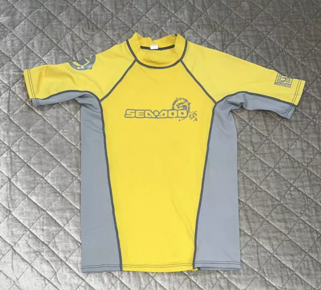 Rash Guard Shirt UV SPF 50+ Youth Sz 10 Yellow & Gray Sea Doo Short Sleeve