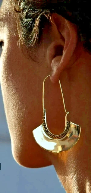 Large Gold Plated Vintage Afghani Brass Hoops Tribal Mandala Afghani Earrings K3
