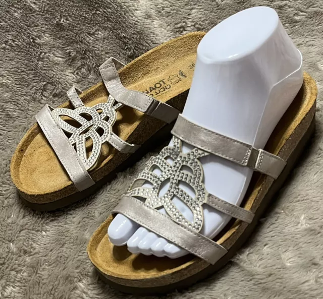 NAOT Silver Rhinestone Bling Leather Birk Style Sandals Slides  Womens Size 5/36