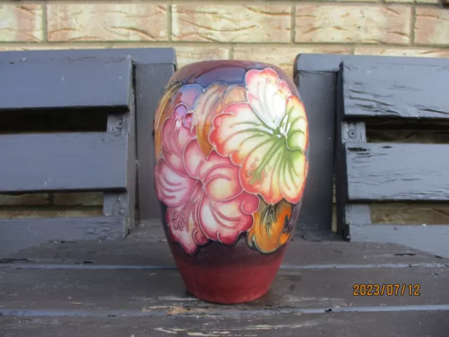 Moorcroft  Pottery.  Hibiscus  Pattern Vase . Collectors Club Auction Piece 1991