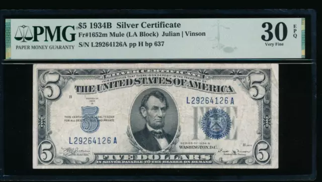 AC 1934B $5 Silver Certificate PMG 30EPQ mule late back plate 637 Fr 1652