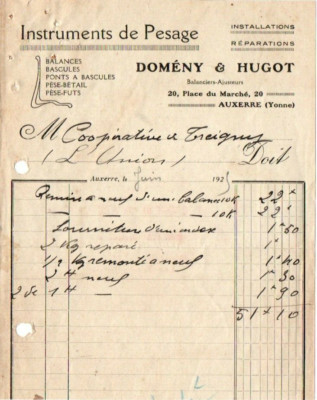 Facture 1925 Guilliet Fils & Cie à Auxerre dép 89 Yonne 