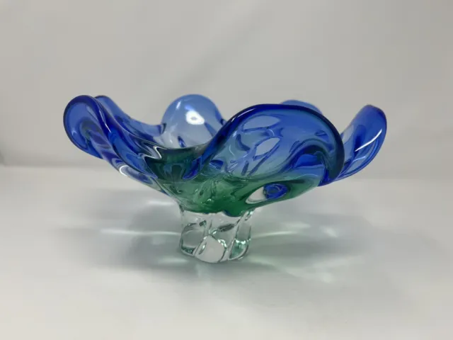 Vtg Hand blown Blue and Green Studio Art Glass Bowl Ruffled Edge 10" Gorgeous 3