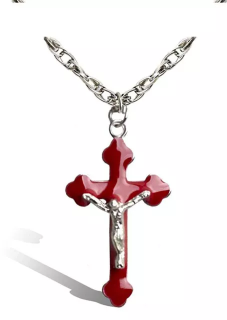 Stylé Chrétien Plaqué Argent Jésus Christ Croix Chaîne Red Pendentif pour Mixte