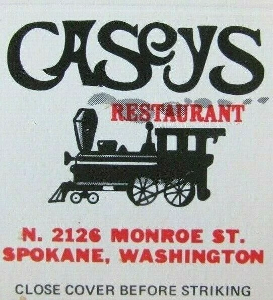 Train On Matchbook Matchcover: Caseys Restaurant (Spokane, Washington) -E25