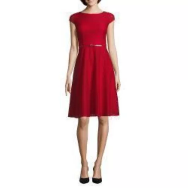 Evan Picone Black Label Cap Sleeve Belted Fit & Flare Lace Dress Fire Red $86