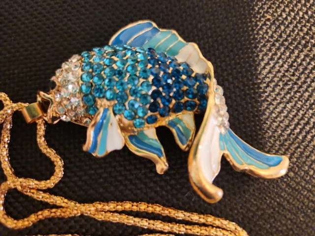 Beautiful Betsey Johnson Bling  Blue Rhinestone Enamel Goldfish Necklace Pendant 2