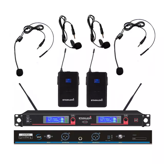 STARAUDIO Wireless Microphone System 2 Channel UHF Lavalier Headset Microphone