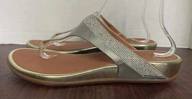 NEW FITFLOP BANDA MICRO-CRYSTAL TOE-POST Pale Gold LEATHER THONG Sandals Sz 10 3
