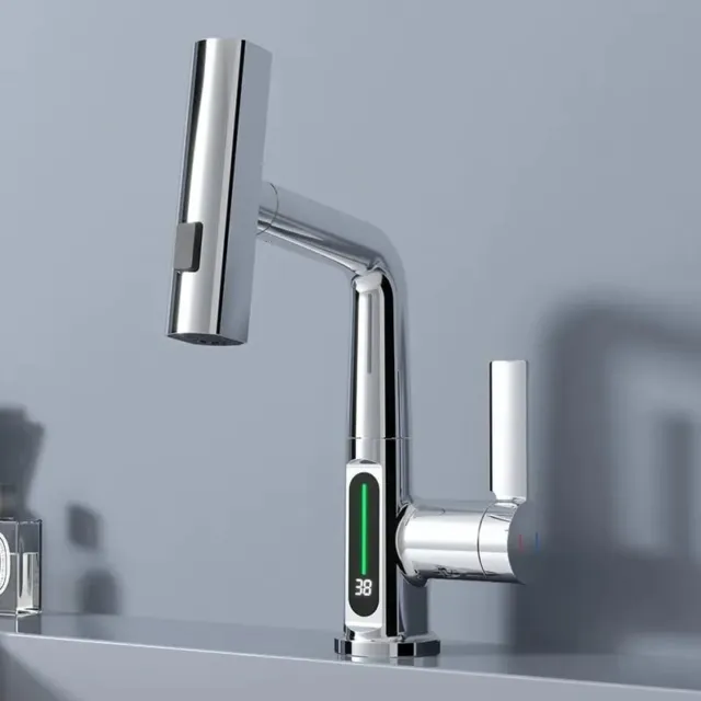 Waschbeckenmischer Chrom/Silber Wasserhahn Temperatur Digitalanzeige für Bad Küche