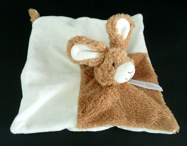 40. Doudou Plat Lapin Happy Horse Blanc Marron Beige Grelot Carre Excell. Etat