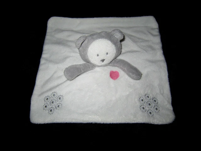 Doudou carré plat Ours Panda blanc gris coeur rose flocons fleurs Obaïbi Okaïdi