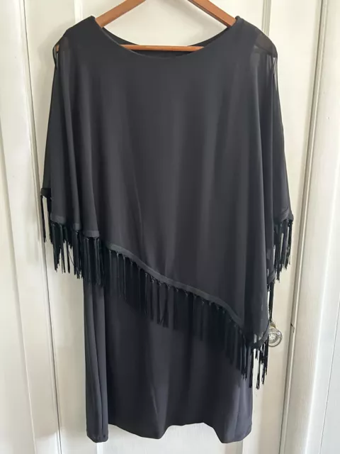 R & M Richards Black Dress Sleeveless Sheer fringed attached poncho 14W Cocktail