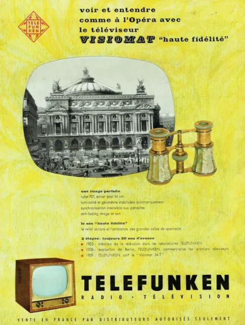 publicité Advertising 1021 1959  téléviseur Telefunken visiomat Opèra Paris HF