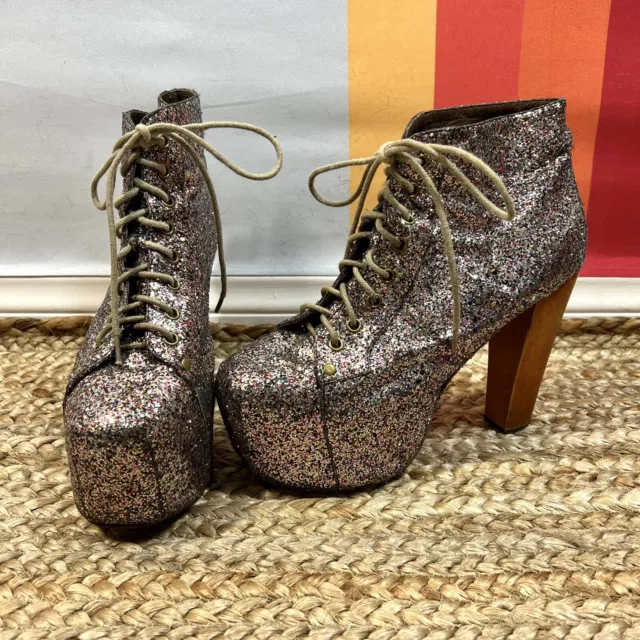 Jeffrey Campbell Lita Sulver Multi Glitter Platform Shoes Booties 8 8.5