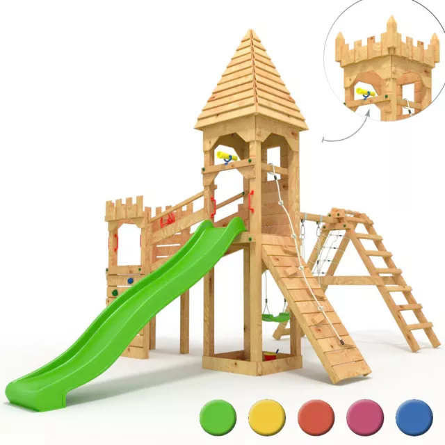 BIBEX® Spielturm - Ritterburg XL150 LANGE Rutsche 2xTürme 2xSchaukel, Knotennetz