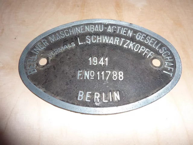 original Lokschild, Fabrikschild  Schwarkopff  11788 / 1941 Deutsche Reichsbahn