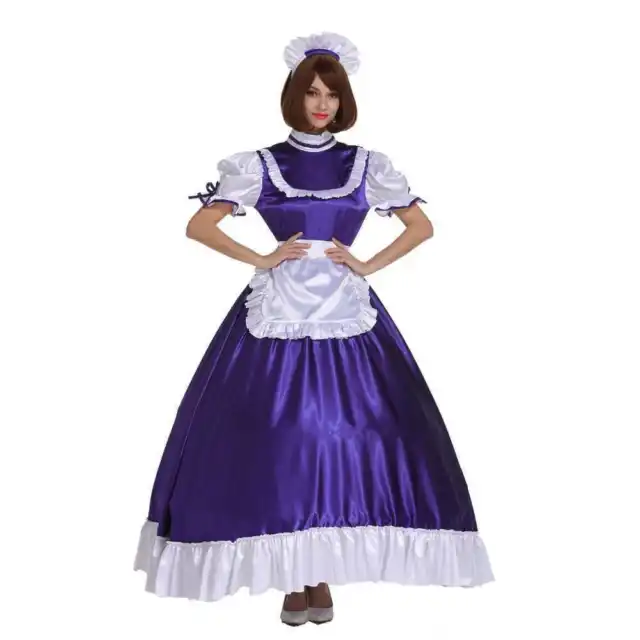 Sissy Girl Maid Lockable Purple Satin Long Dress Cosplay Costumes Tailor-made
