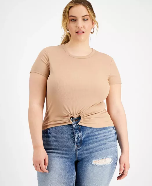 Just Polly Juniors' Trendy Plus Size 1X Taupe Brown Heart Ring T-Shirt