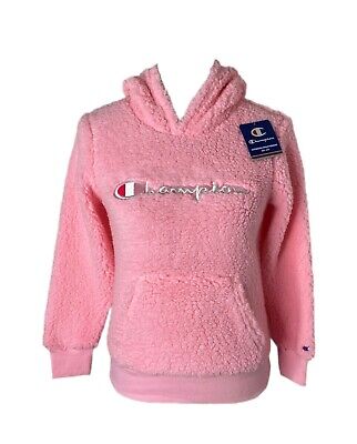 Girl' size medium Champion big logo pink teddy sharpa hooded sweatshirt NWT