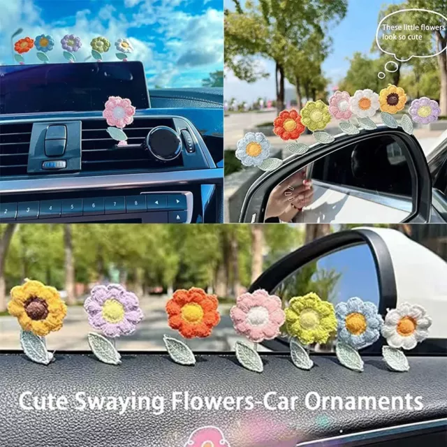 Joli et charmant ensemble de 7 fleurs tricot��es ornements de voiture bobblehead