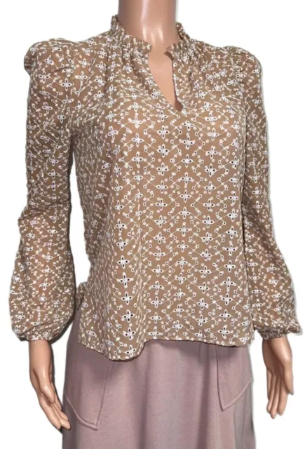 Shoshanna floral embroidered eyelet puffed l/s beige mauve blouse ruffle trim xs