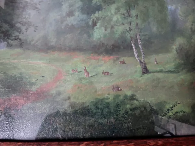 Philip Kilner - oil on board - Rabbits in a wooded meadow - a lovely painting