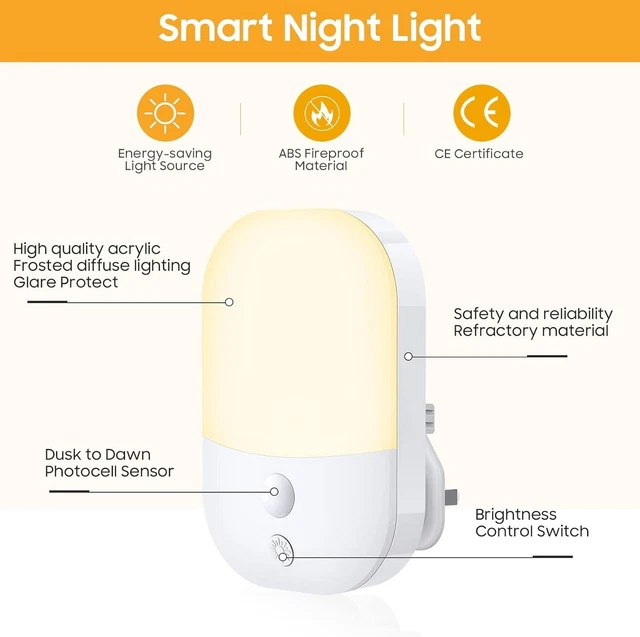 NIGHT LIGHT PLUG in Walls 5 Levels of Brightness Dusk to Dawn Photocell
