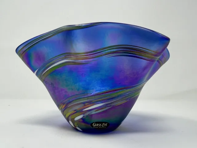 GLASS EYE STUDIO Iridescent Hand Blown Cobalt Blue & Rainbow Ruffled Glass Bowl
