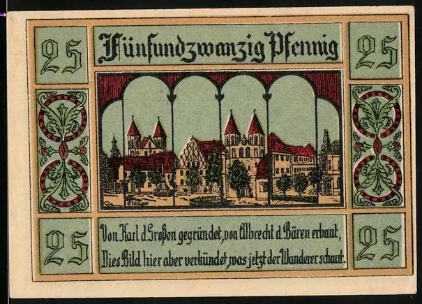 Notgeld Aken /Elbe 1921, 25 Pfennig, Ortsansicht und Wappen