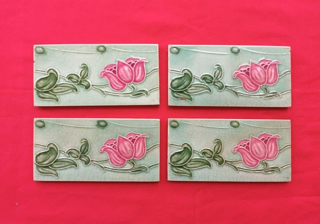 4 Piece Old Art Flower Design Embossed Majolica Ceramic Tiles Japan 0138 3