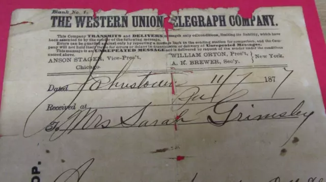 Vintage 1877 Western Union Telegraph (LOT LS744) DEATH NOTICE