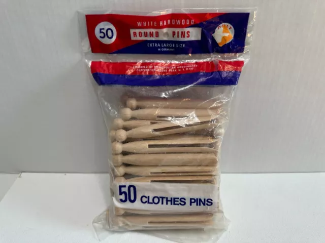 Clothes Pins 50 Extra Large, Round White Hardwood Made in West Germany