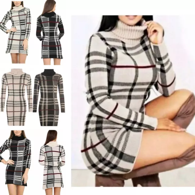 Women Polo Neck Tartan Knitted Midi Long Sleeve Bodycon Ladies Jumper Dress Girl