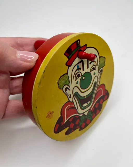 Vintage US Metal Mfg Toy Tin Litho Clown Noisemaker Wooden Handle - Original