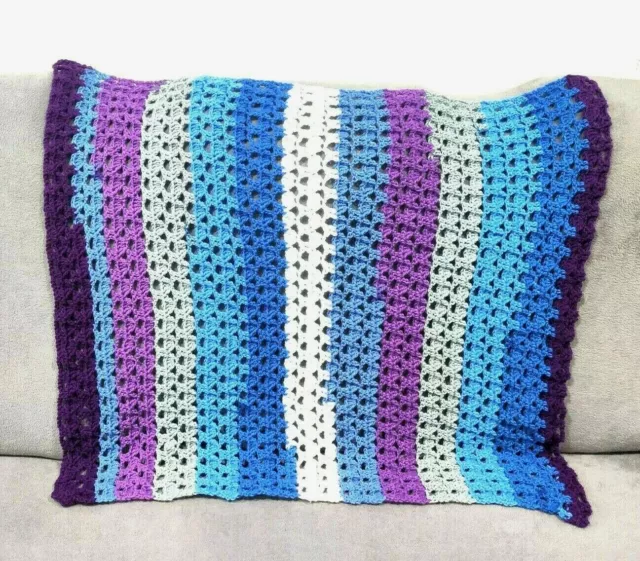 Handmade Crochet Baby Blanket Lap Afghan Wrap Throw 40 x 36 in. Purple Blue #1