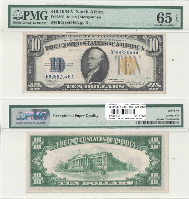 1934-A $10 Silver Certificate "North Africa" Fr 2309 PMG Gem Unc-65 EPQ