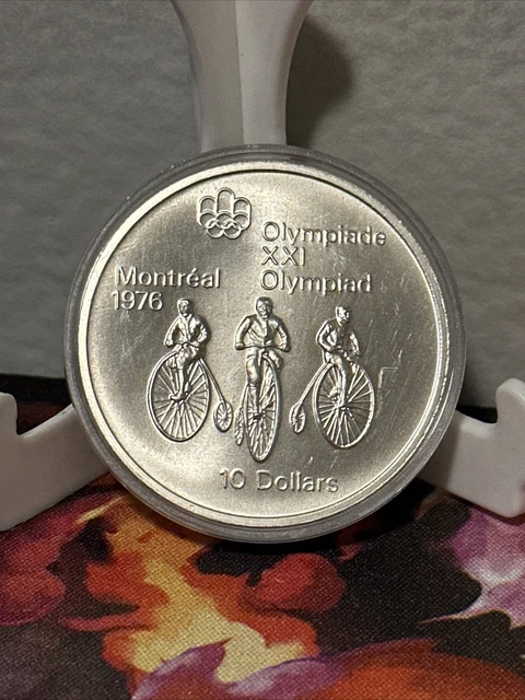 1976 CANADA Queen Elizabeth II Olympics Montreal CYCLING Silver $10 Coin Rare