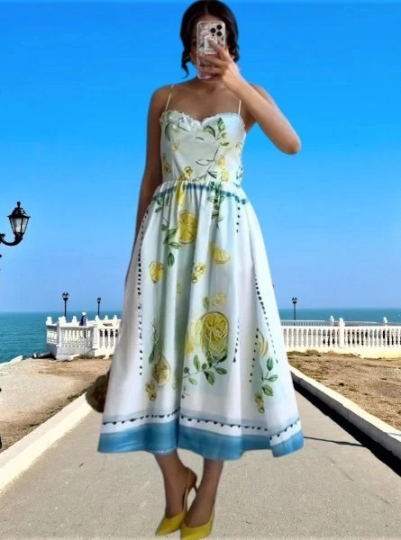 ワンピース ZARA LEMON PRINT POPLIN DRESS 3454/347/050 ZARA NEW WOMAN MIDI STRAPPY LEMON PRINT POPLIN DRESS OPEN