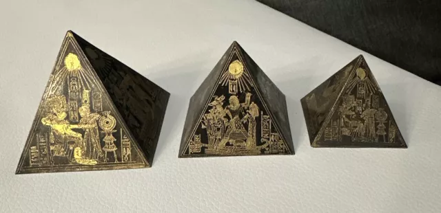 Set Of 3 Gold Etched Metal Engraved Egyptian Pyramid Souvenir